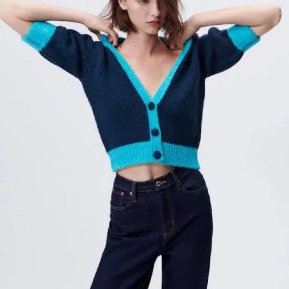 NWT ZARA women cardigan button down sweater top jacket size S, blue - Picture 2 of 15